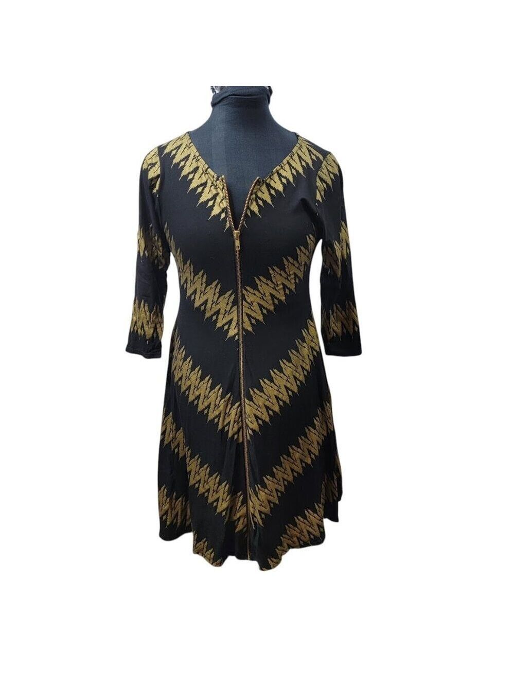 Bel Kazan Black Gold Zip Front Fit & Flare Dress Medium | Bali Made | Boho Mod